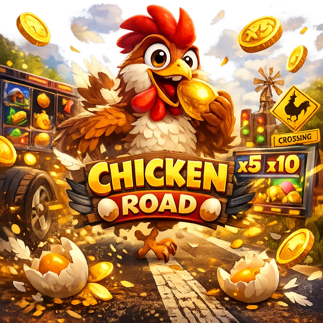 Promotional image for Chicken Road slot game featuring a funny chicken, road lanes, and bright casino energy