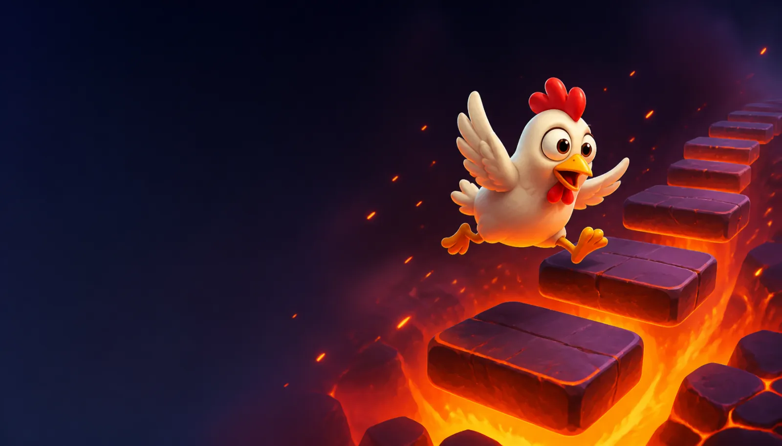 Hero banner for Chicken Road with brand colors and theme elements on the right, left side empty for text.